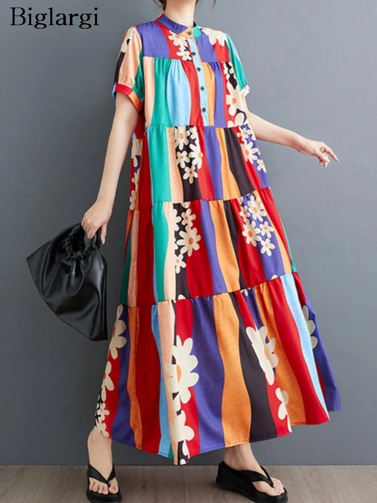 

Платье женское длинное свободного кроя, модное плиссированное платье-трапеция с цветочным принтом, с оборками, с коротким рукавом, большие размеры, на лето