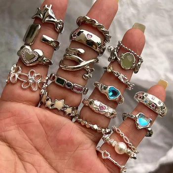 Y2K Kpop 하트 조절 가능 크리스탈 반지, 불규칙한 기하학 펑크, 여성용 빈티지 반지, 새로운 패션 주얼리