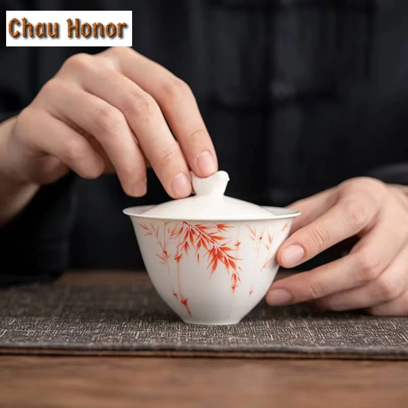 150ml Japanese Style Hand-painted Cover Bowl Thin Tire White Porcelain Sancai Bowl Kung Fu Teaset Tea Ceremony Accessories Gift