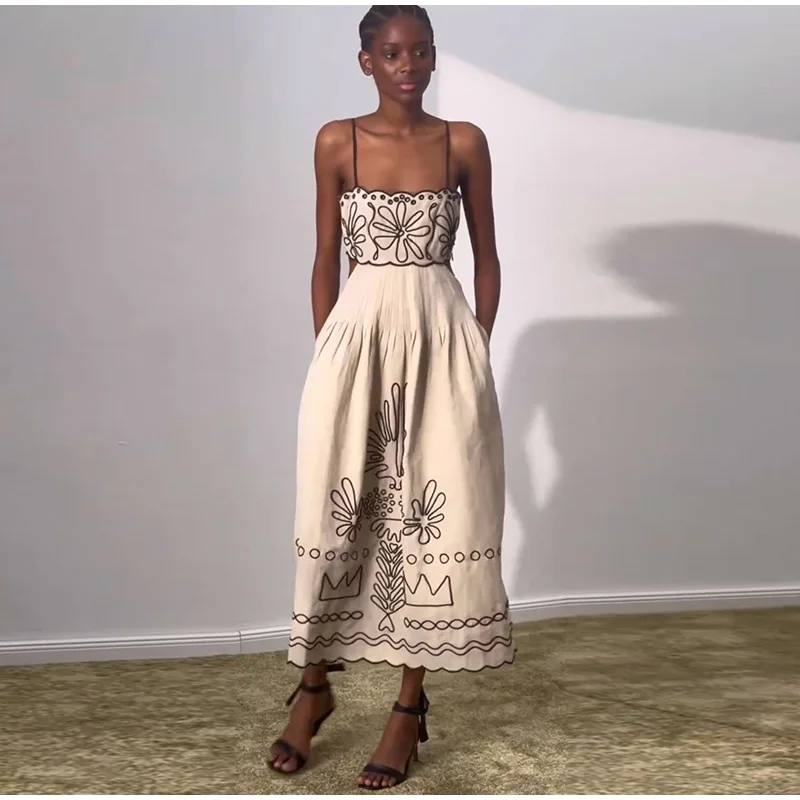 Embroidery Women Strap Dress Sexy Hollow Out Sleeveless Backless Wave Hem Lady Dresses 2025 Spring Summer Beach Ladies Robe picture