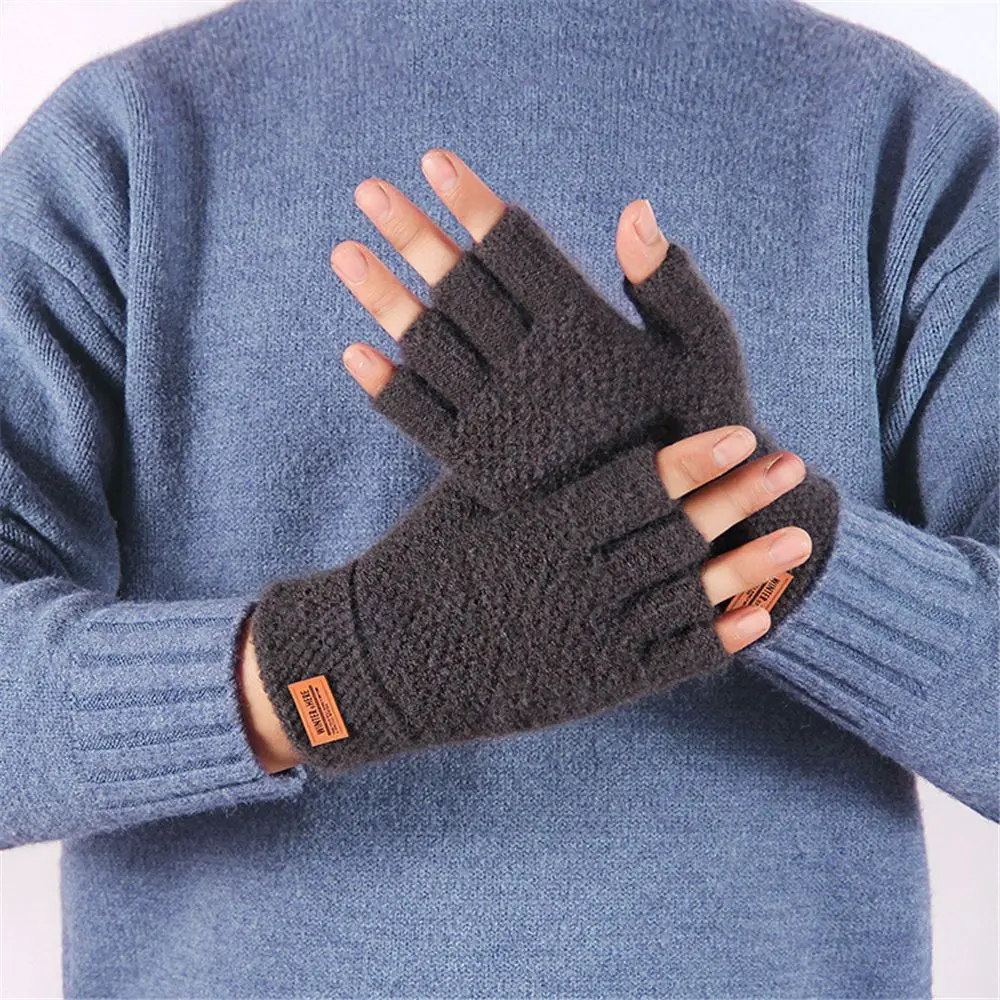 Leather Label Elastic Winter Warm Driving Gloves Half Finger Mittens Fingerless Gloves Knitted Alpaca Wool