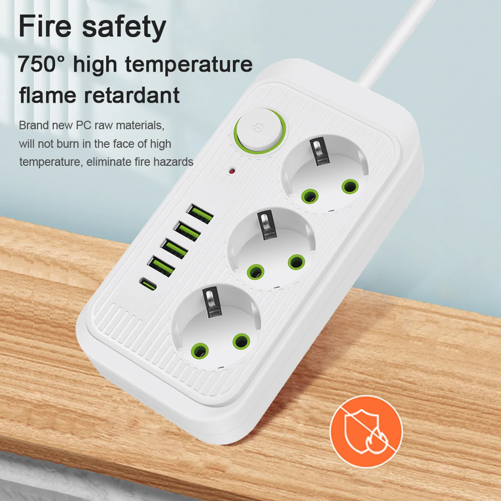 Power Strip 5m EU Plug AC Outlets Multitap Socket Extension Cord Electrical Power Strip USB Type C Fast Charging Network Filter Adapter