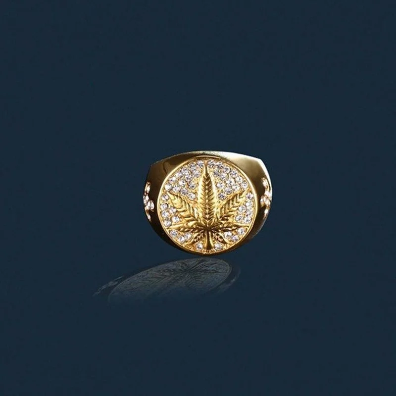Business Men's Gold Color Carved Maple Leaf Rings Punk Inlaid White Zircon Wedding