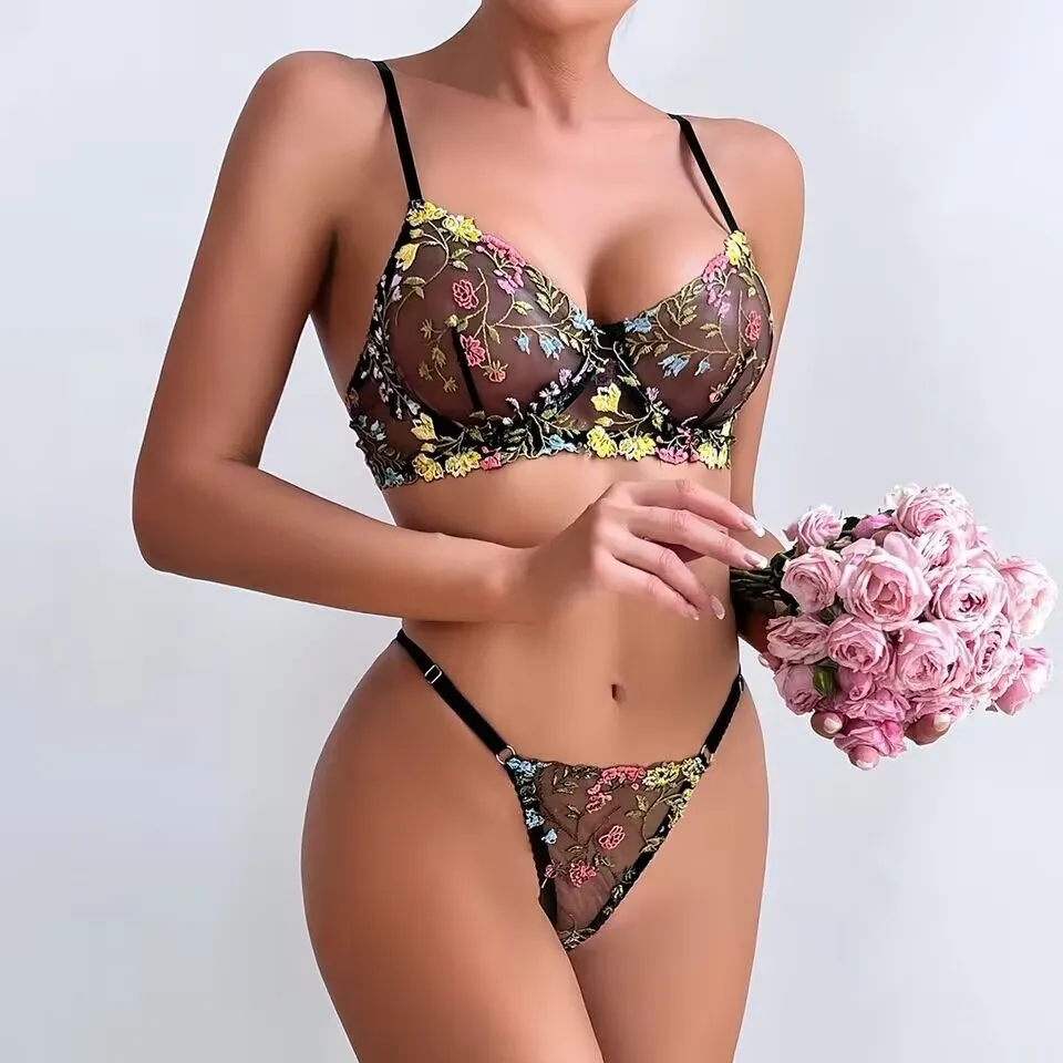 Ensemble de lingerie sexy en dentelle orange pour femme, style croisé, avec soutien-gorge floral assorti