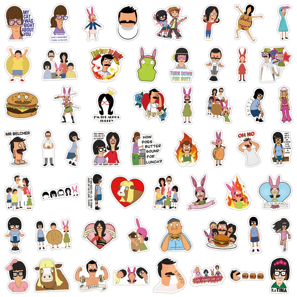 110PCS Bobs Burgers Graffiti Sticker Pack - Creative Decals for Luggage, Laptop, Phone, Guitar, Car, Bike, and Skateboard