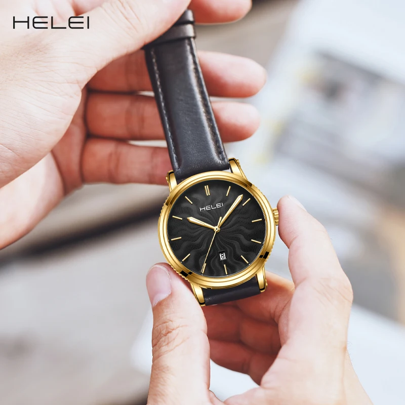HELEI men's watches bar dial fashion quartz watches calendar display leather men's watches waterproof luminous watches