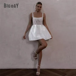 Elegant Short Wedding Dress Women Beading A-Line Spaghetti Strap Open Back Square Collar Bridal Gown Above Knee Vestido De Noiva