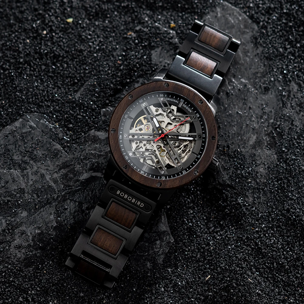 Automatic Mechanical Watch BOBO BIRD New Top Business Men Wooden Wristwatch Unique Engraved Watches Christmas Gift Box