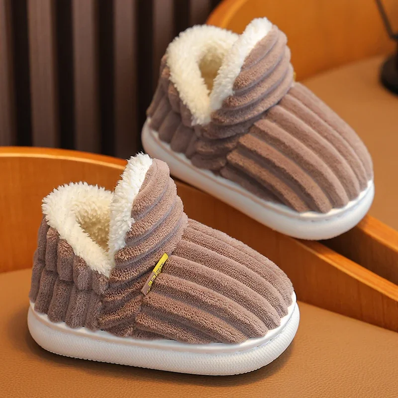 Winter Concise Stripe Children's Fluffy Slippers For Kids Boys Girls Non-slip Soft Sole Heel Wrap Warm High Home Cotton Shoes