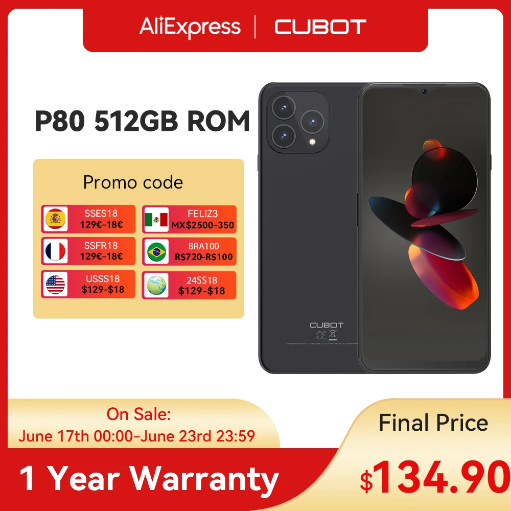 

Cubot P80,512GB ROM+16GB(8+8GB Extended) RAM,6.583" FHD+Screen,5200mAh Battery,NFC,Fingerprint,Android 13,48MP Rear Main Camera
