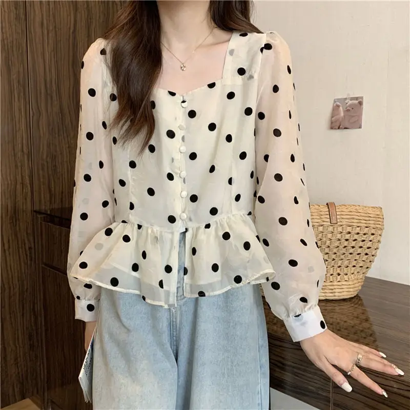 

Vintage Polka Dot Beading Blouses Women New Spring Autumn Sweet Square Neck Lantern Sleeve Ruffle Chiffon Shirts Tops Elegant