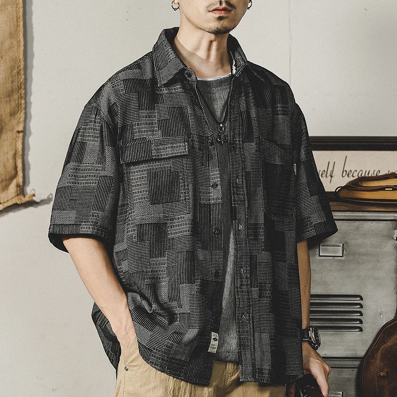 

High Quality Plaid Denim Shirt Men Japanese Style Short Sleeved Summer Loose Trend Overalls Shirt Coat
