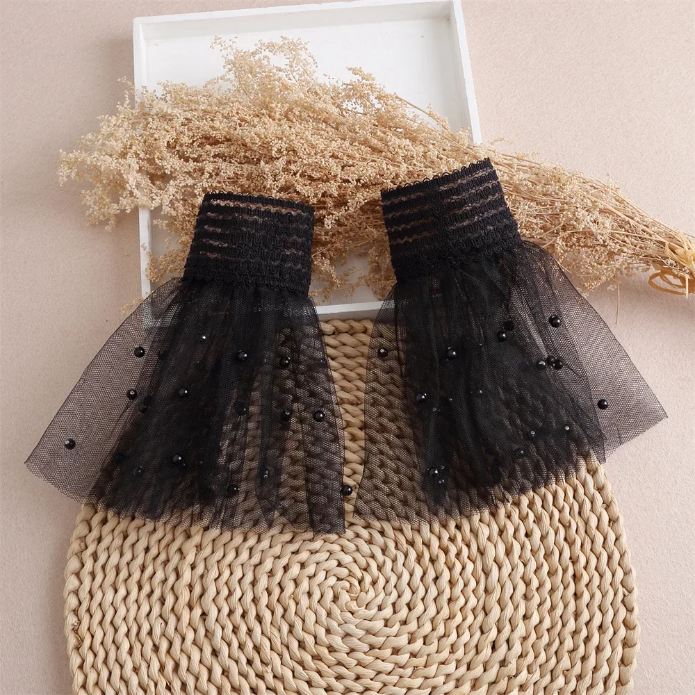 1Pair Detachable Cuffs Pearl Lace Mesh Fake Flared Sleeves Double Layer Pleated Ruched False Cuffs Sweater Blouse Wrist Warmers detachable wrist cuffs