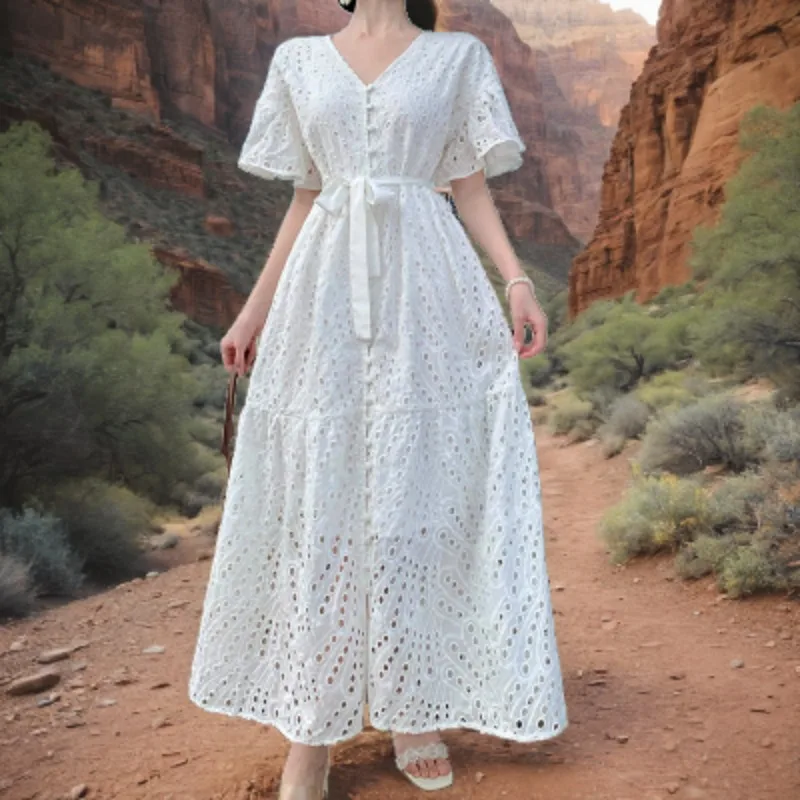 

White Lace Embroidery Summer Women Dress Bodycon Vintage Hollow Out Elegant Women Clothing Evening Party V-neck Vestido