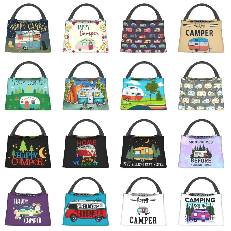 

Adventure Travel Happy Campers Insulated Lunch Bag for Outdoor Picnic Cartoon RV Camping Portable Thermal Cooler Lunch Box Women