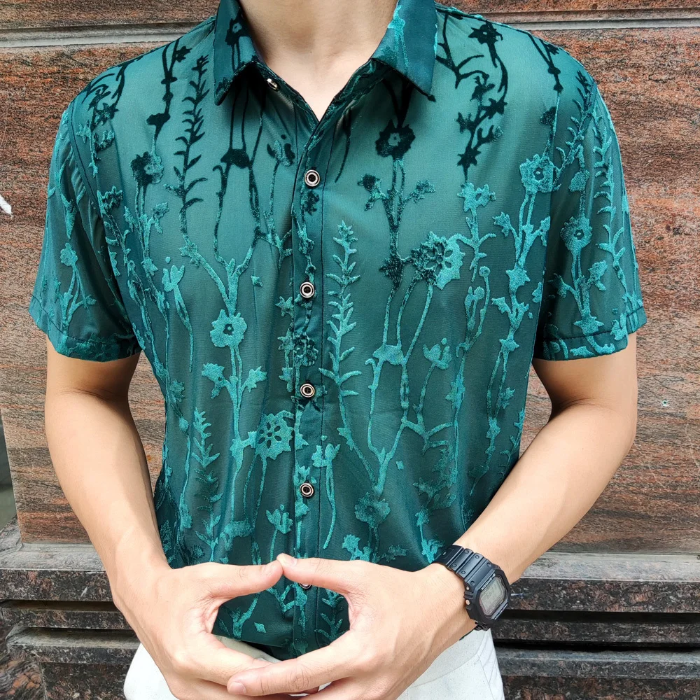 Casual Shirts Men Social Party Lace Sheer Blouse Hollowout Fashion Floral Transparent Shirt Man See Through Sexy Men Shirt