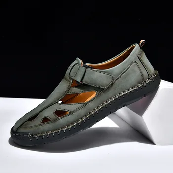 Hand Sewing Men's Sandals Open Toe Breathable Casual Shoes Lightweight Anti-Slip Wear-Resistant Rubber Outsole Beach Shoes