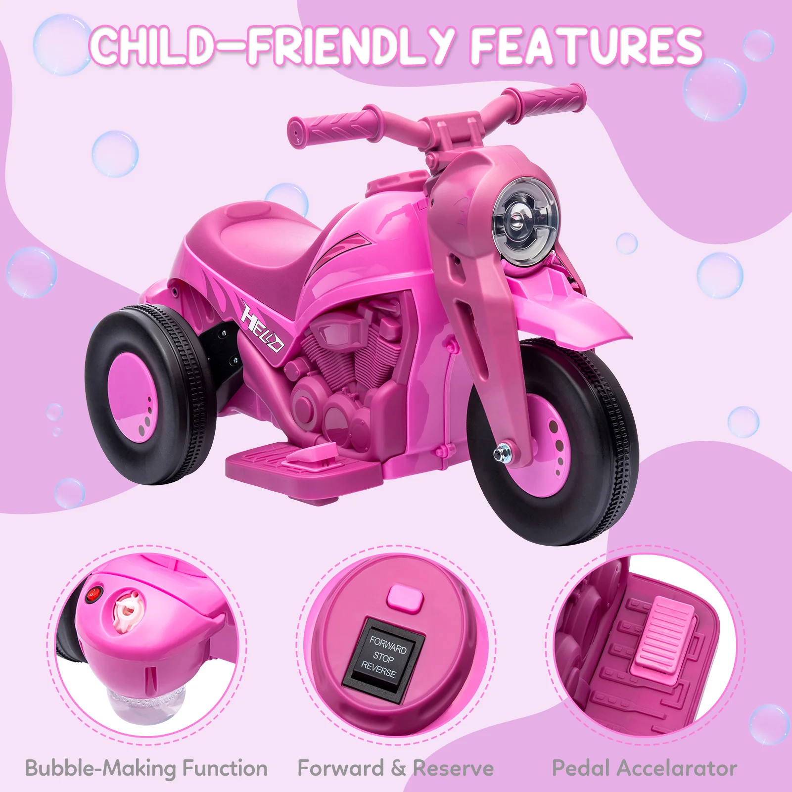 Kids Ride on Bubble Car, 6V Battery Powered Electric Motorcycle 1.9 MPH Speed w/LED Headlights, Music, Pedal, Forward/Reserve