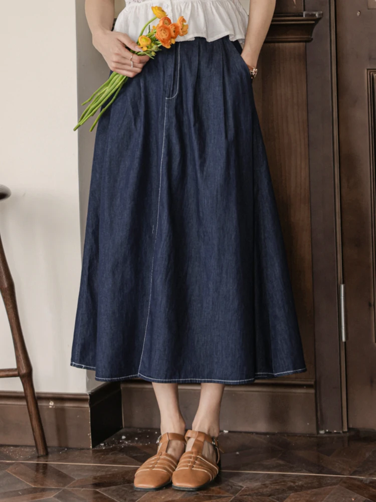

Fitaylor New Spring Summer Women Vintage Elastic High Waist Denim Skirts Lady Fashion Solid Color Pockets A-line Long Skirt