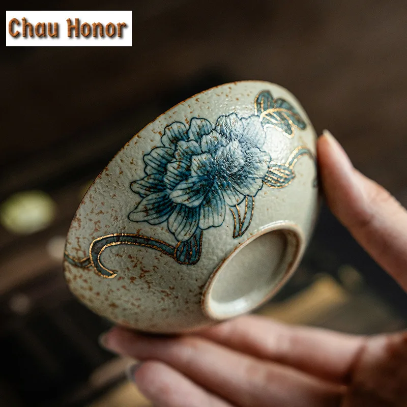 100ml Blue And White Flint Red Ceramic Teacup Handmade Gold Drawing Peony Host Cup Personal Puer Tea Bowl Chazhan Drinkware Gift