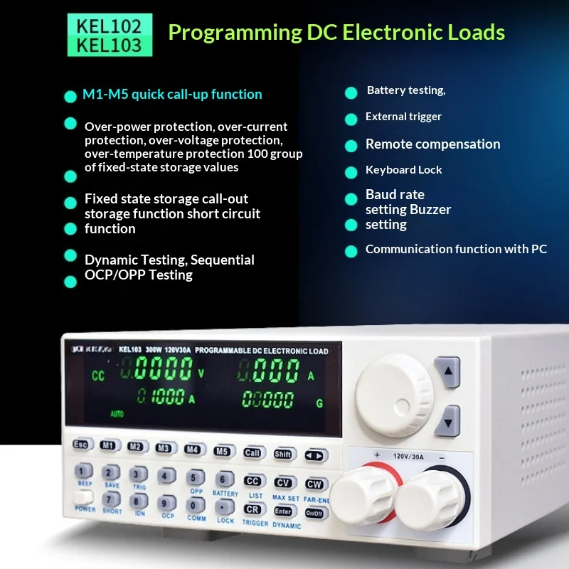 KEL103 KEL102 프로그래밍 가능 DC 전자 부하 장치 150W/300W 조정 가능 120V 30A 디지털 제어 테스터 RS-232 USB 연결