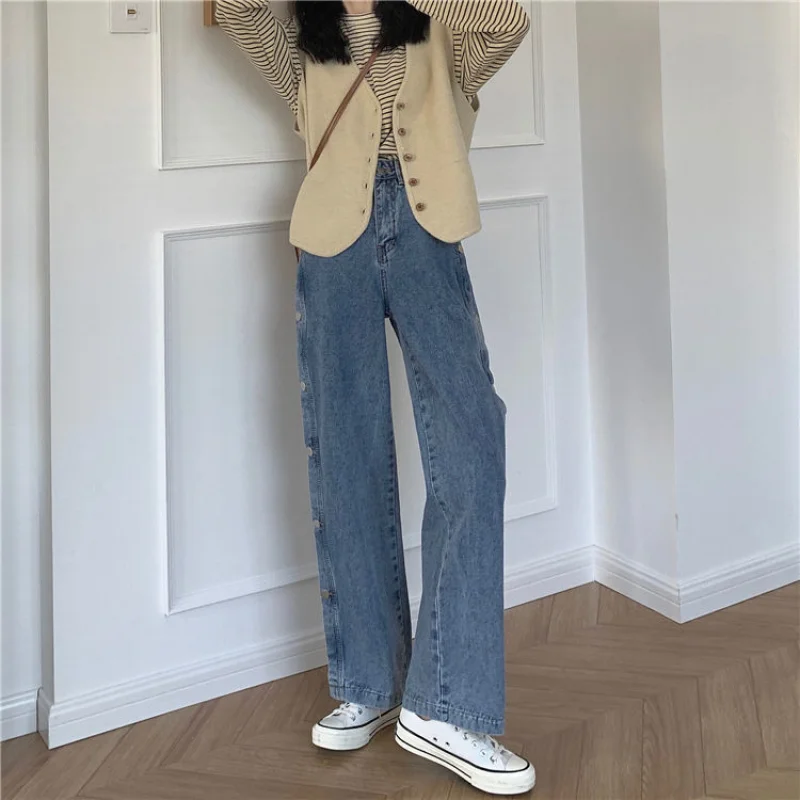 

New Fashion High-quality Street Straight Jeans Women's Loose Korean Version Student Design Sense All-match Thin Wide-leg Pants