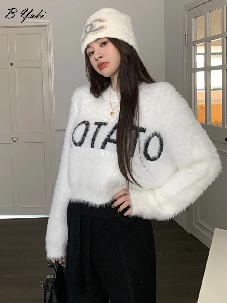 

Blessyuki Trendy Letter Graphic Knitted Sweater Women Sweet O-neck Short Sleeve Pullover Female Casual High Street Basic Jumper