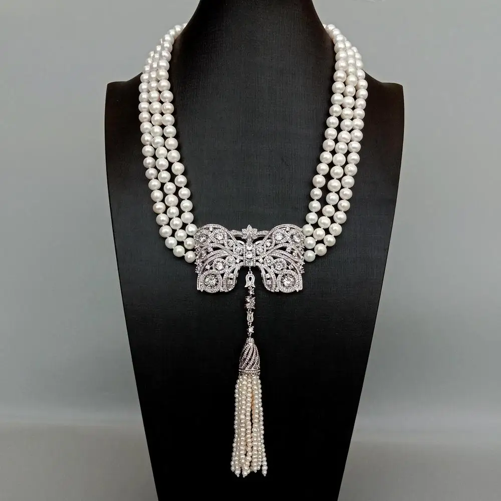 

3 Strands Freshwater Cultured White Pearl Necklace Bowknot Shape Cubic Zirconia Pave Tassel Pendant
