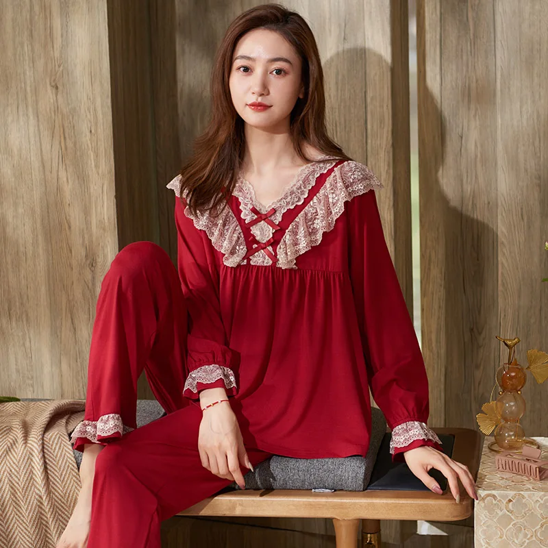 

Женский пижамный комплект, кружевная Модальная Пижама с V-образным вырезом, комплект из 2 предметов для дома, одежда для сна, весна-осень, большие ярды, женская пижама