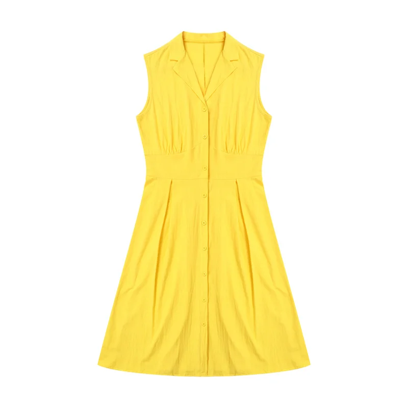 Beach Dress Women Solid Color Turn Down Collar Single Breasted Sleeveless A Line Long Dresses Vacation Party Dresses