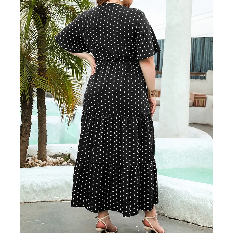 Summer Clothes Women V-Neck Bohemian Polka Dot Print A-line Elegant Pullover Short Sleeve Casual Vacation Midi Plus Size Dresses