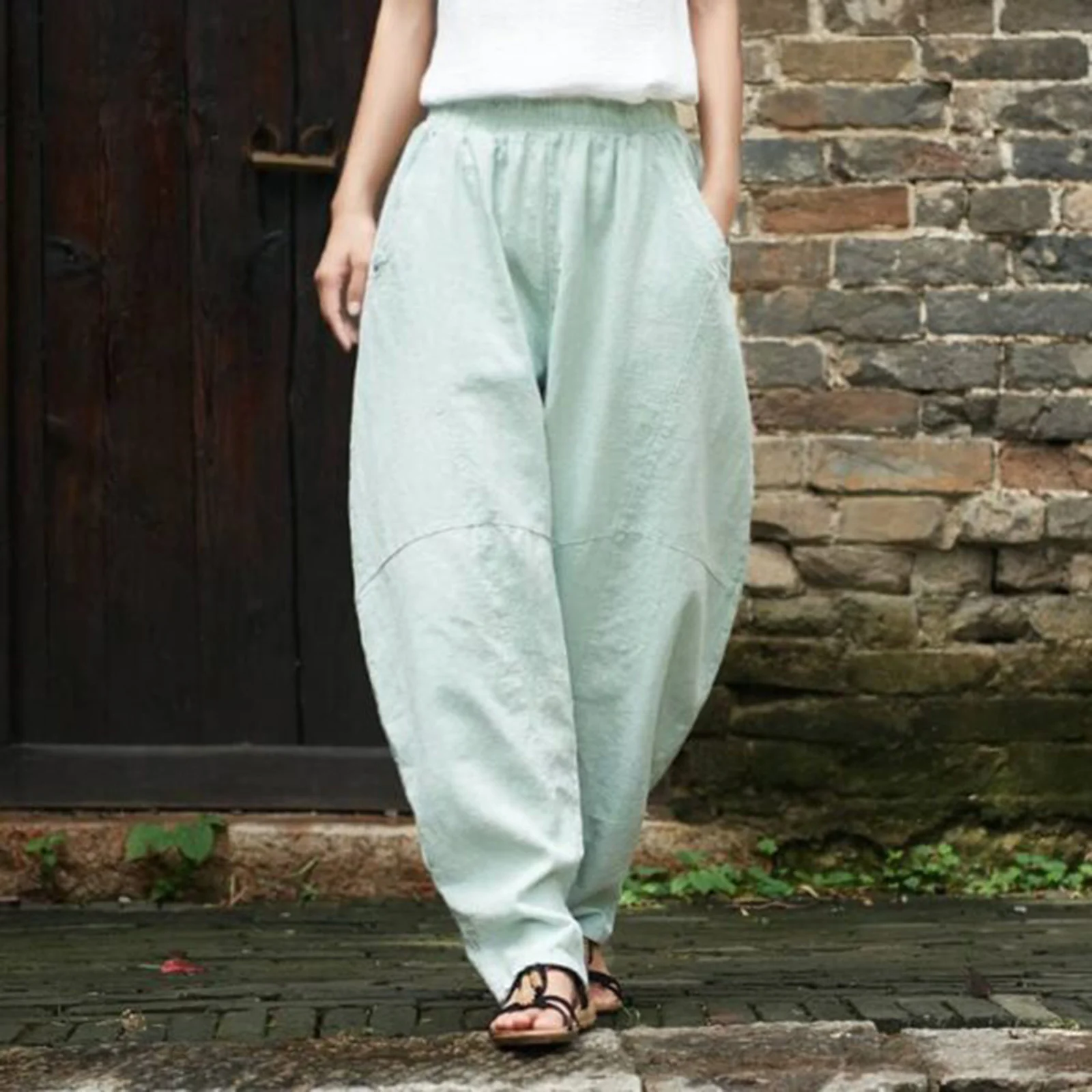 Cotton Linen Loose Fitting Women Casual Cargo Pants Solid Baggy Pants Woman Trousers