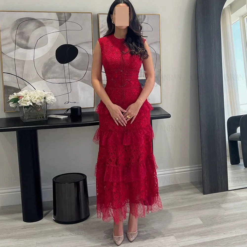 Red Sleeveless lace Formal Occasion Dresses 2024 High Neck Mermaid Long Ball Gown Ankle-Length Evening Party Gown فساتين الحفلات