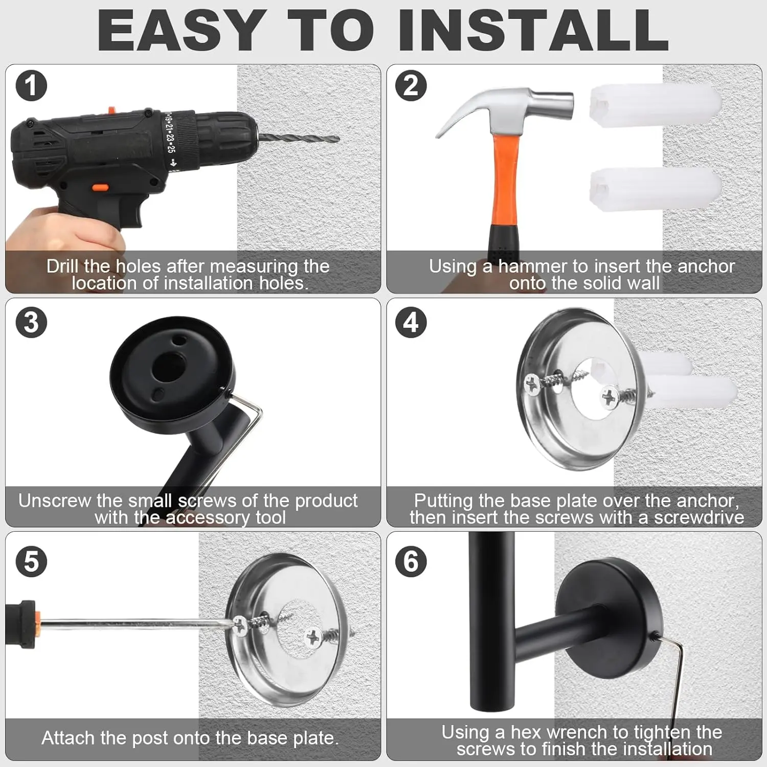 15-Piece Bathroom Set. 23.6" Brushed Towel Bar, Ring, Paper Holder, Hook. SUS304 Stainless Steel. Wall-Mounted. Black.