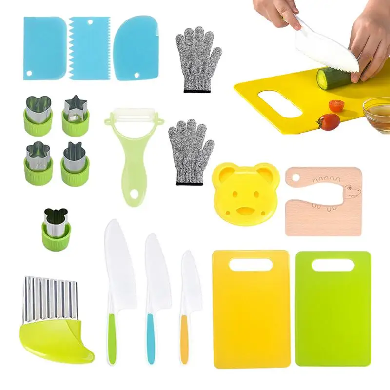 

19PCS Montessori Kitchen Tools For Toddlers-Kids Cooking Sets Safe For Real Cooking Toddler Crinkle Cutter Kids Cutting Board