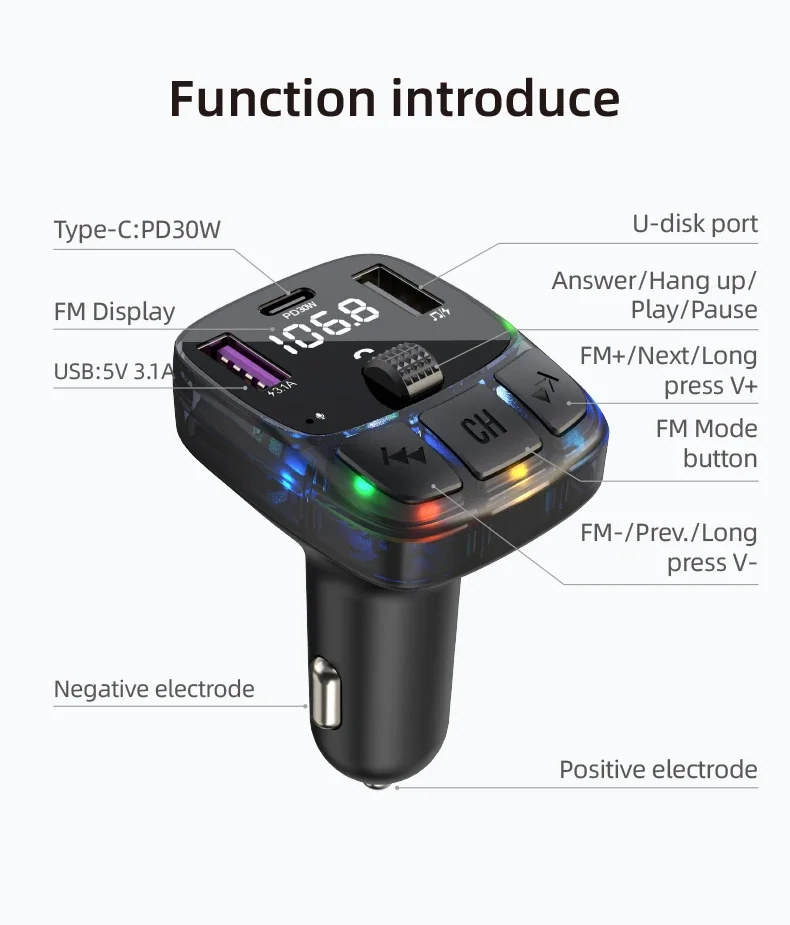 Car Charge Bluetooth 5.3 FM Transmitter Handsfree Car Radio Modulator MP3 Player With PD30W Super Quick Charge Adapter