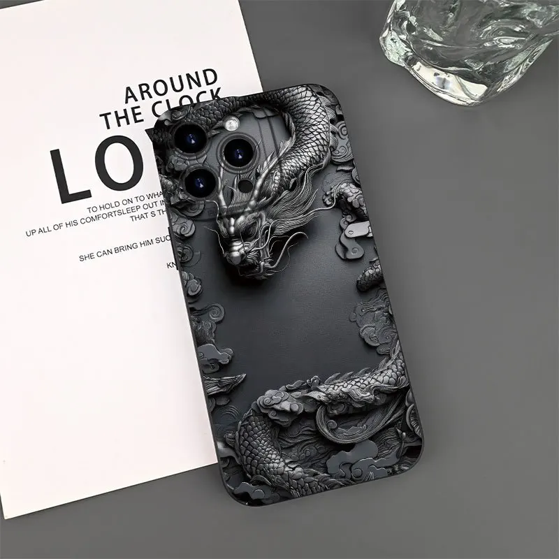 Elegant Black Chinese Loong Pattern Soft Matte Phone Case with Relief Design