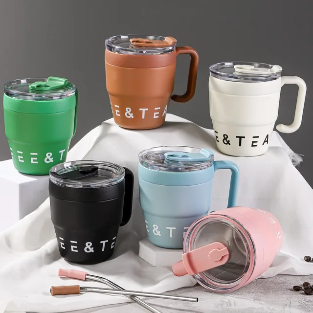 Tasse à café avec couvercle en paille de 480ml, Thermos en acier inoxydable pour boissons chaudes et froides, eau, thé, lait, bouteille Portable d'extérieur pour le bureau 3