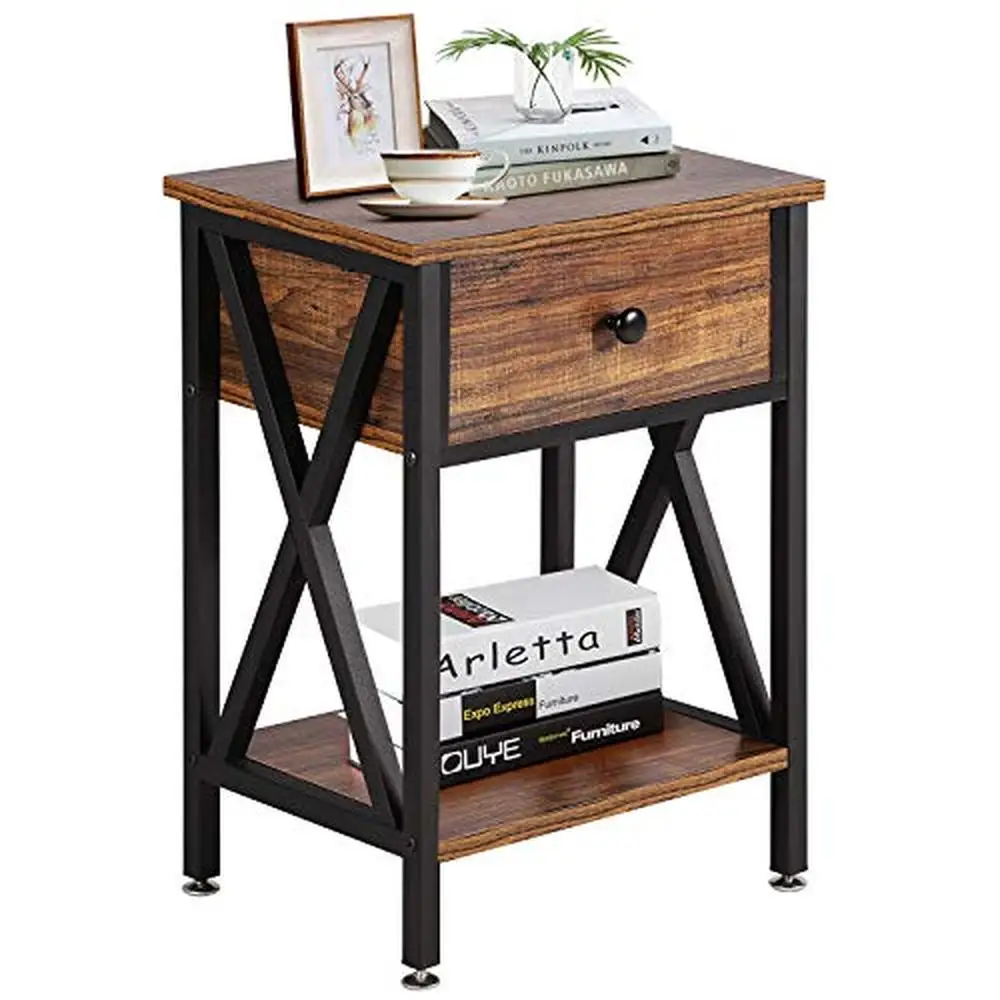 

X-Design Brown Black Nightstand Storage Shelf Bin Drawer Bedroom Table Living:CGRect Side Stand Modern Industrial High Quality