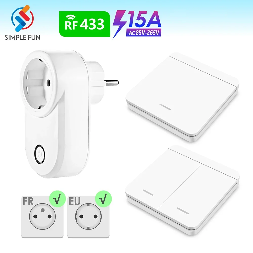 433Mhz Wireless Socket Remote ปิดปลั๊กอัจฉริยะ EU FR Wall Switch Outlet ไฟฟ้า15A 220V สำหรับเครื่องใช้ในบ้านพัดลม 1