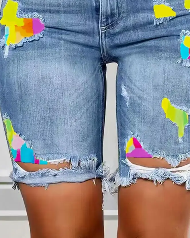 Young Girls 2024 Street Fashion Tie Dye Printed Split Pocket Design Casual High Waist Tight Denim Shorts Y2K