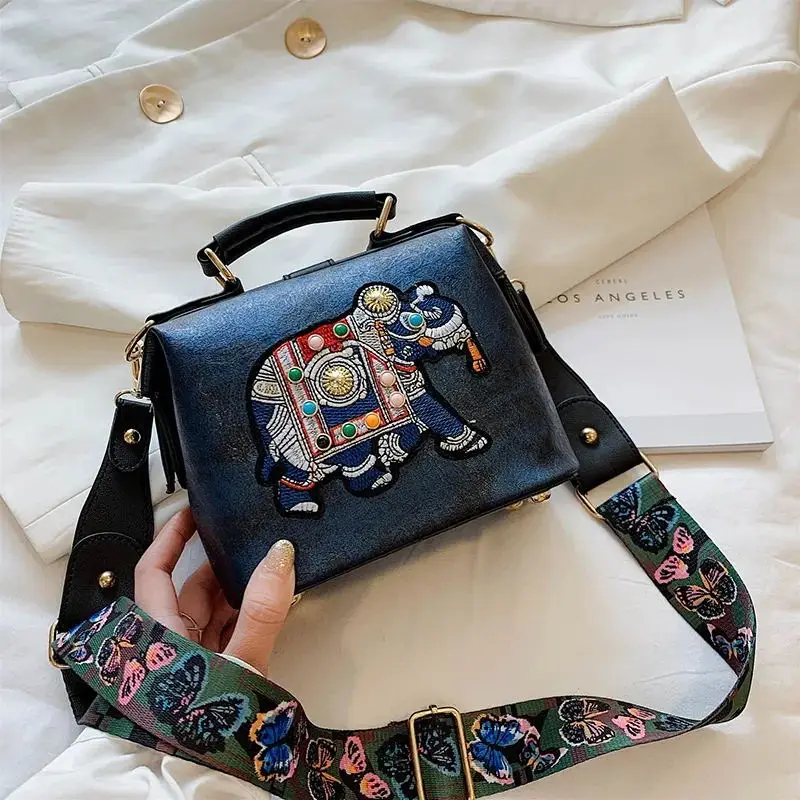 

Vintage Embroidery Elephant Handbags Wide Butterfly Strap Leather Women Shoulder Crossbody Bag Tote Women's Bucket Bags Satchels