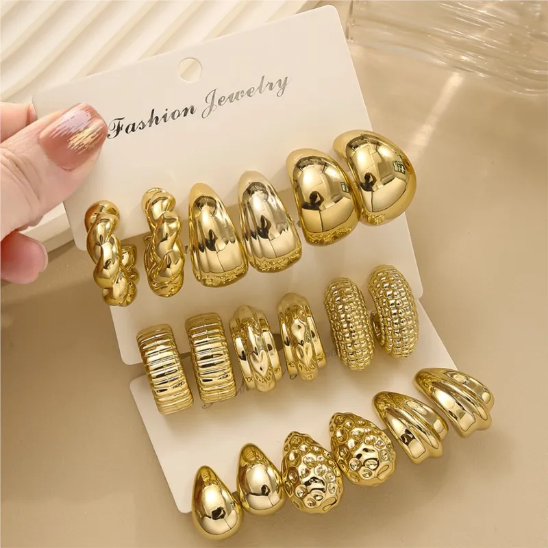 6/18pcs Retro Elegant CCB Stud Earring for Women Exaggerated Teardrop Creative Irregular Triangle Date Holiday Wear Ear Jewelry