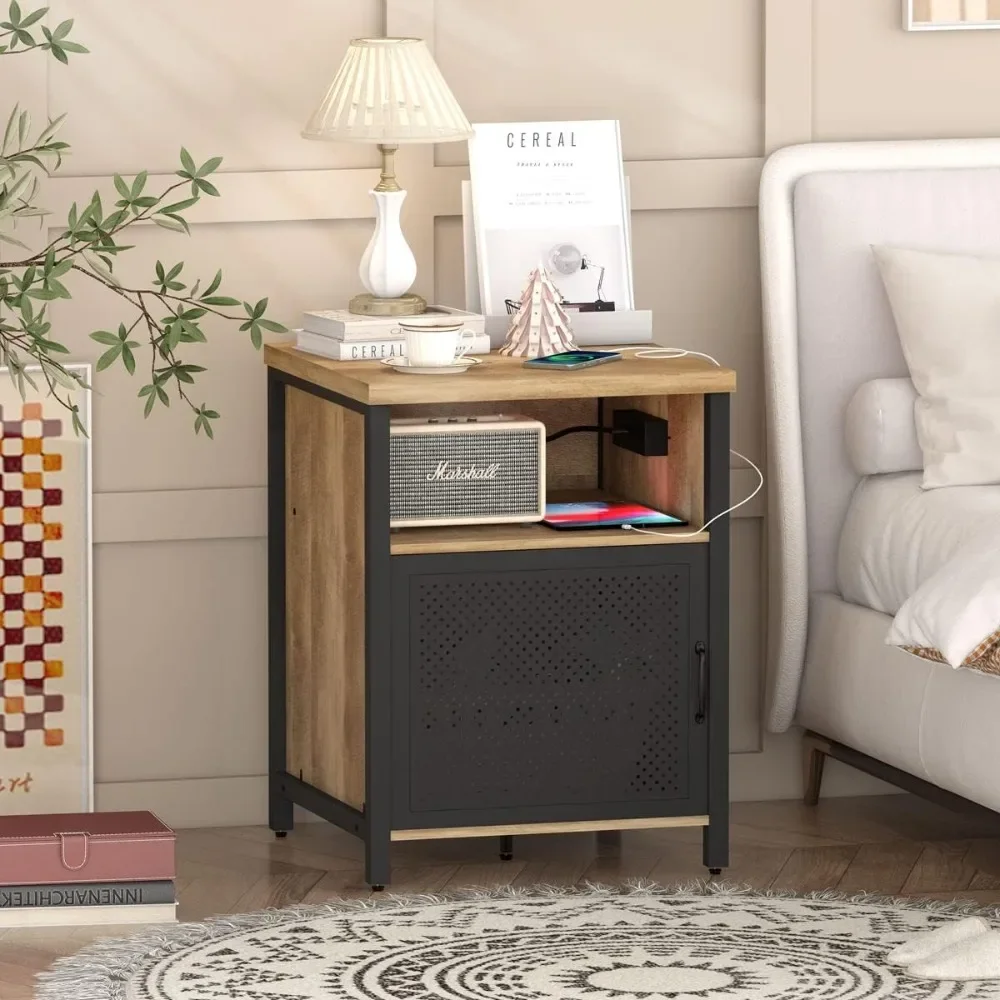 

Nightstand End Table with Charging Station Side Table Storage Wood and Nightstands