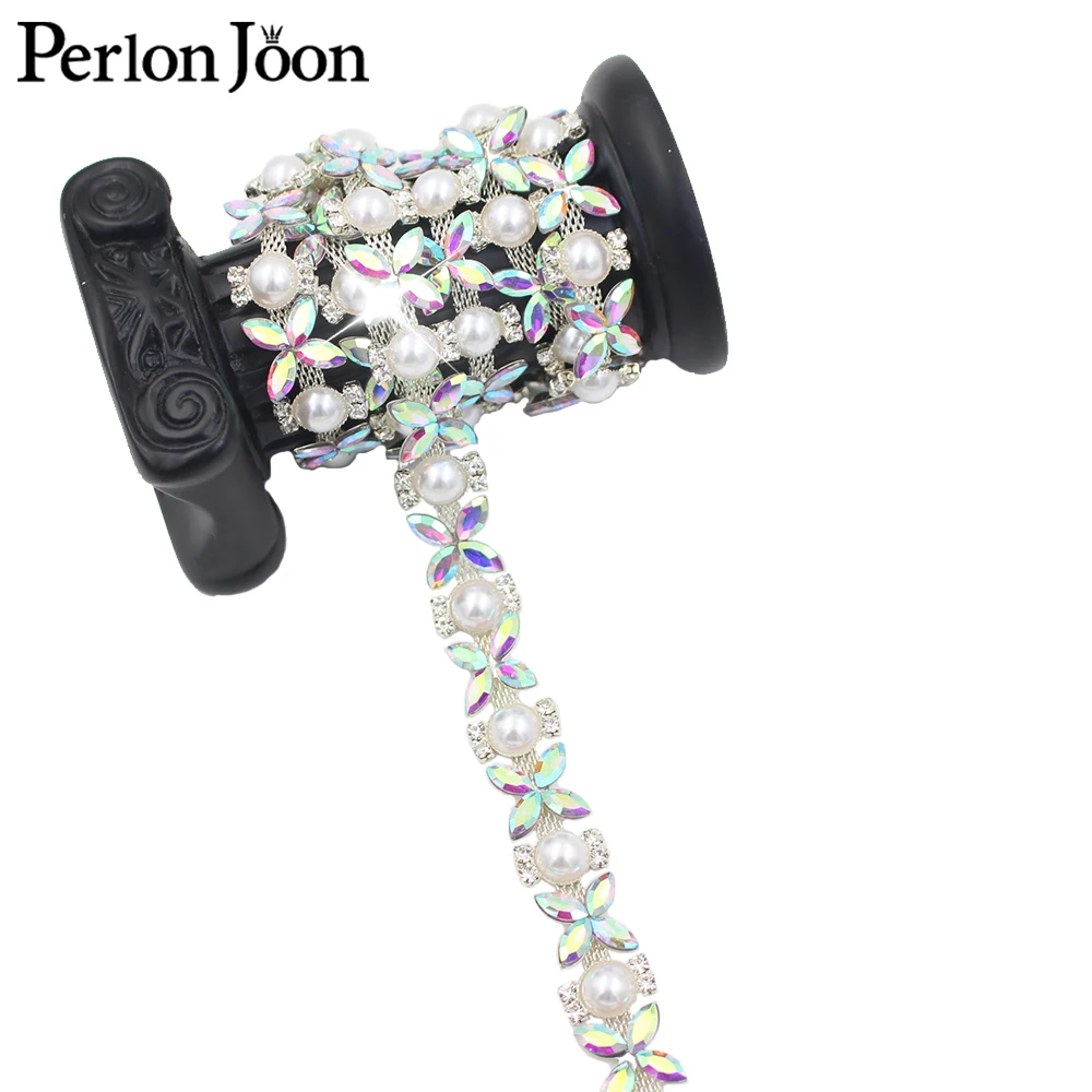 

Жемчужная цветная стеклянная Хрустальная лента AB, аппликация, женская одежда, свадебное платье, украшение «сделай сам» для шитья, блестящая цепочка ML199