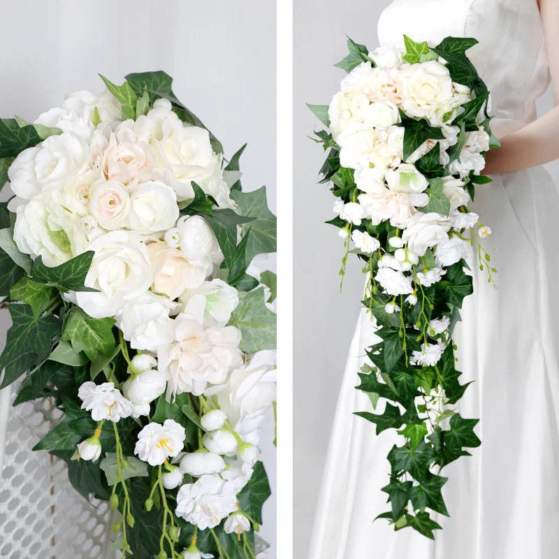 Ivory Rose Flowers Artifical Bridal Waterfall Wedding Bouquet Buque De Noiva Para Casamento Accessories