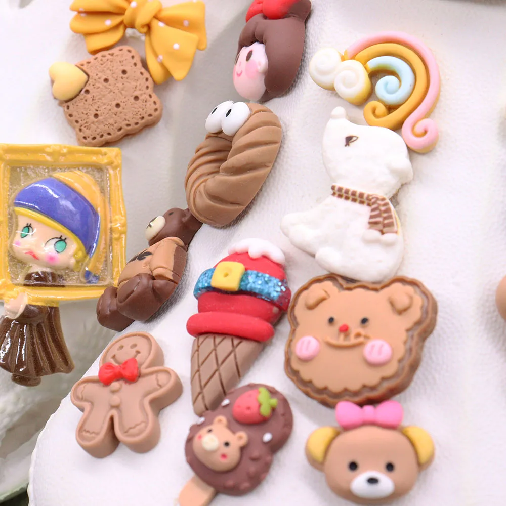 

Mix 50pcs Resin Candy Girl Donut Dog Bear Rainbow Ice Cream Cookie Brown Sandals Shoe Charms DIY Croc Jibz Slipper Decoration