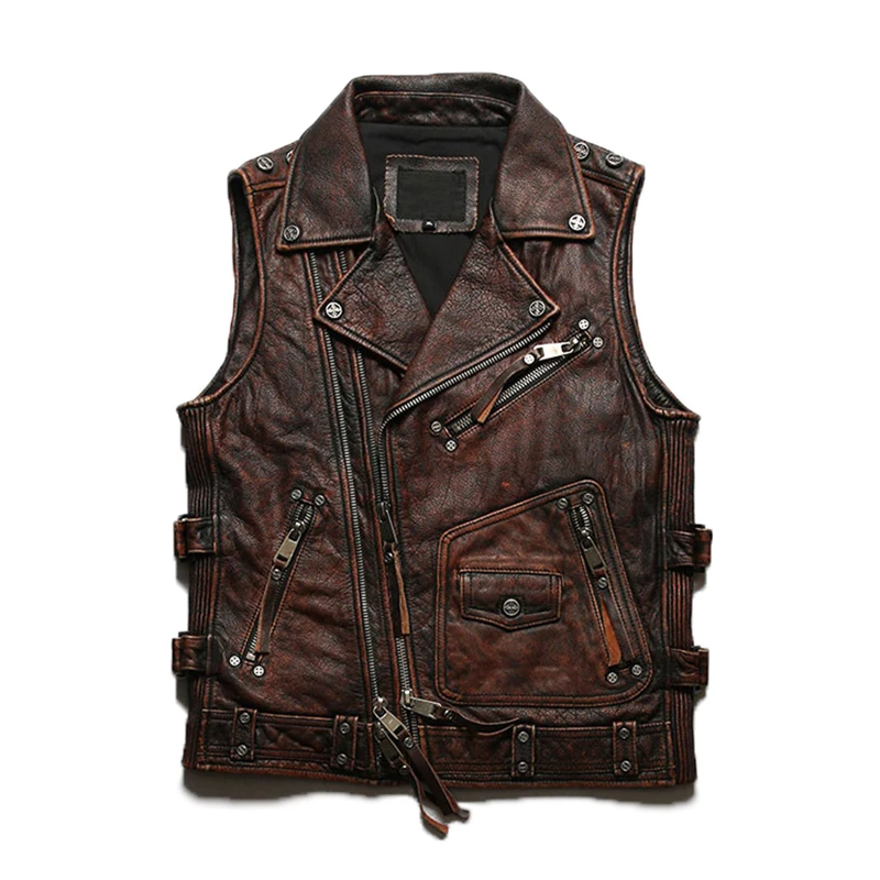 

Camping Make it old slim men Japanese retro leather biker factory direct supply stone grinding Camping head layer cowhide vest