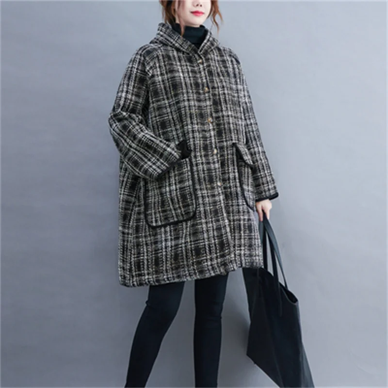 For Women's Autumn Winter 2022, The New Hooded Plaid Jacket is Added With Plush and Thickened Korean Loose Long-sleeved Cotton X