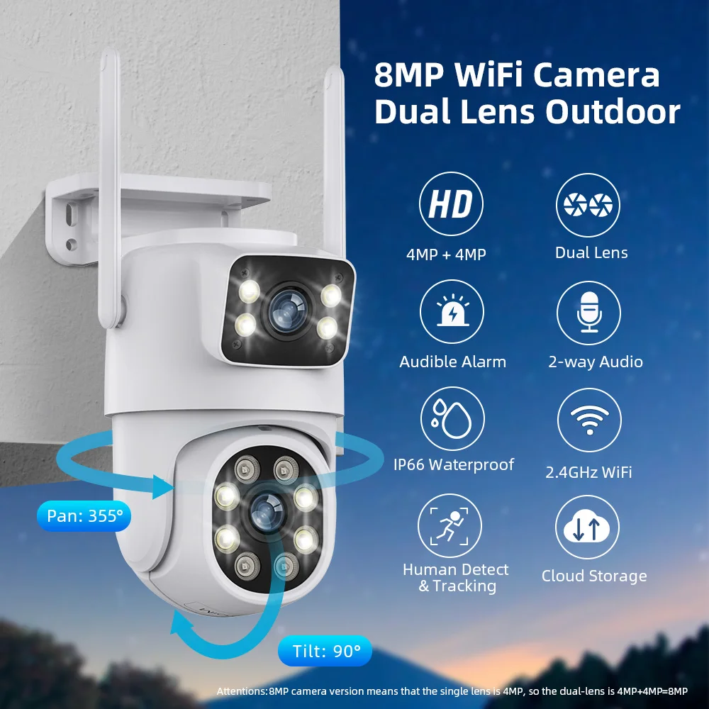 4K 8MP PTZ WIFI Camera Dual Lens Dual Screen IP Camera Outdoor 4MP HD Auto Tracking Security Protection CCTV Surveillance iCSee 2